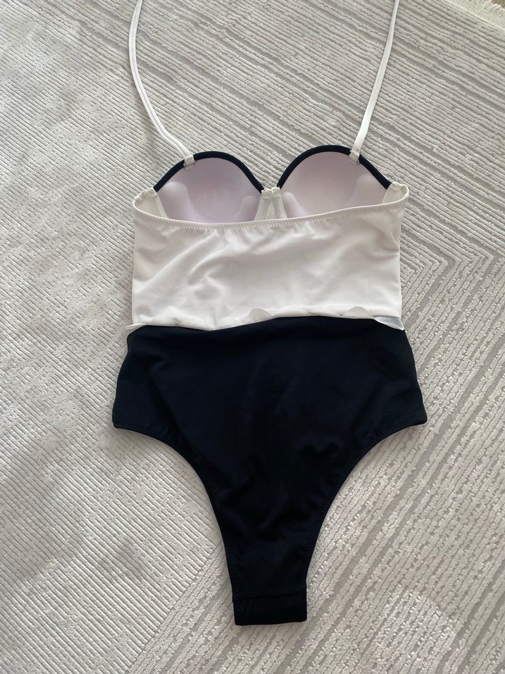 İnce Askılı Siyah Beyaz Kadın Mayo - Görsel 2