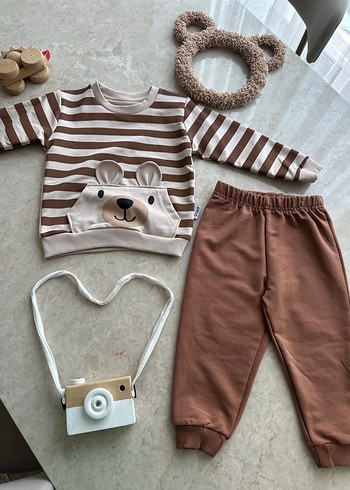 Kahverengi Çizgili Uzun Kollu Bebek Takımı - Görsel 3