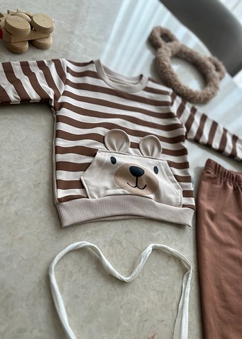 Kahverengi Çizgili Uzun Kollu Bebek Takımı - Görsel 2