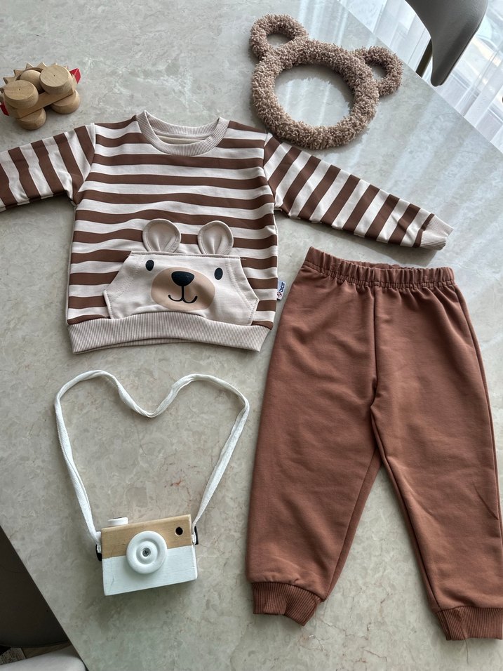 Kahverengi Çizgili Uzun Kollu Bebek Takımı - Görsel 3