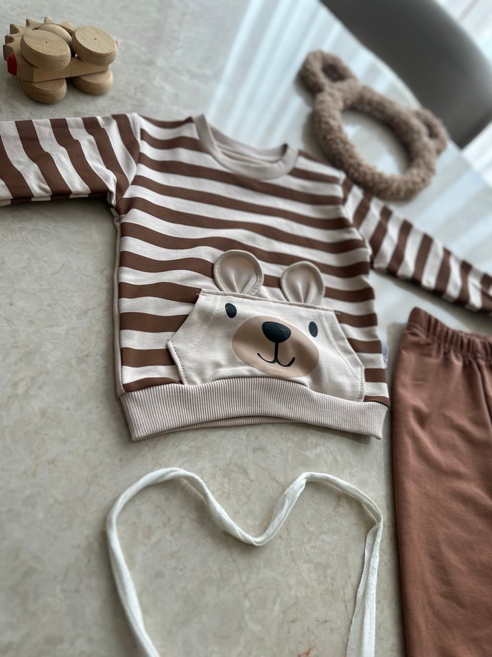Kahverengi Çizgili Uzun Kollu Bebek Takımı - Görsel 2