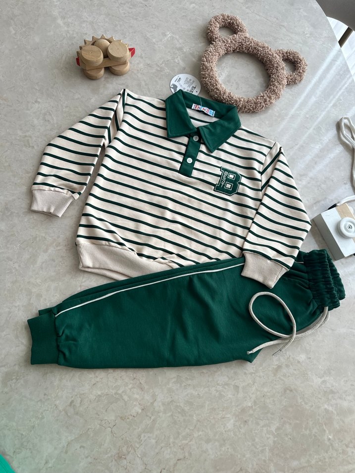 Düğmeli Çizgili Erkek Sweatshirt ve Eşofman - Görsel 2