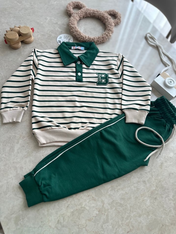 Düğmeli Çizgili Erkek Sweatshirt ve Eşofman - Görsel 3