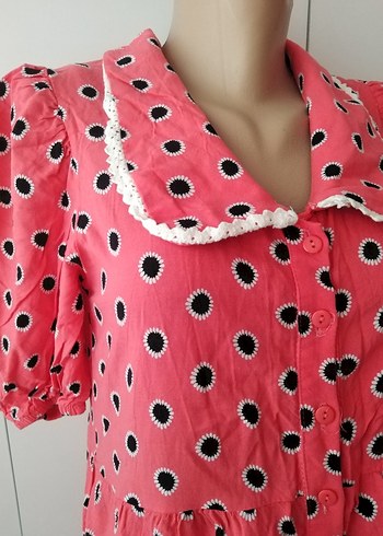 Puantiyeli Pembe Vintage Uzun Elbise - Görsel 2