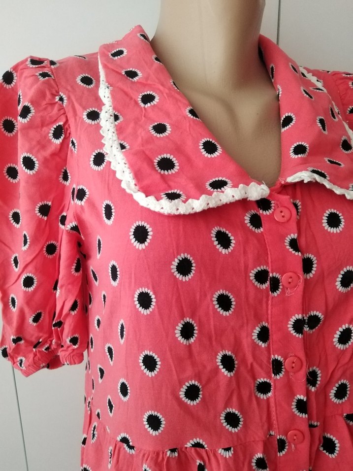 Puantiyeli Pembe Vintage Uzun Elbise - Görsel 2