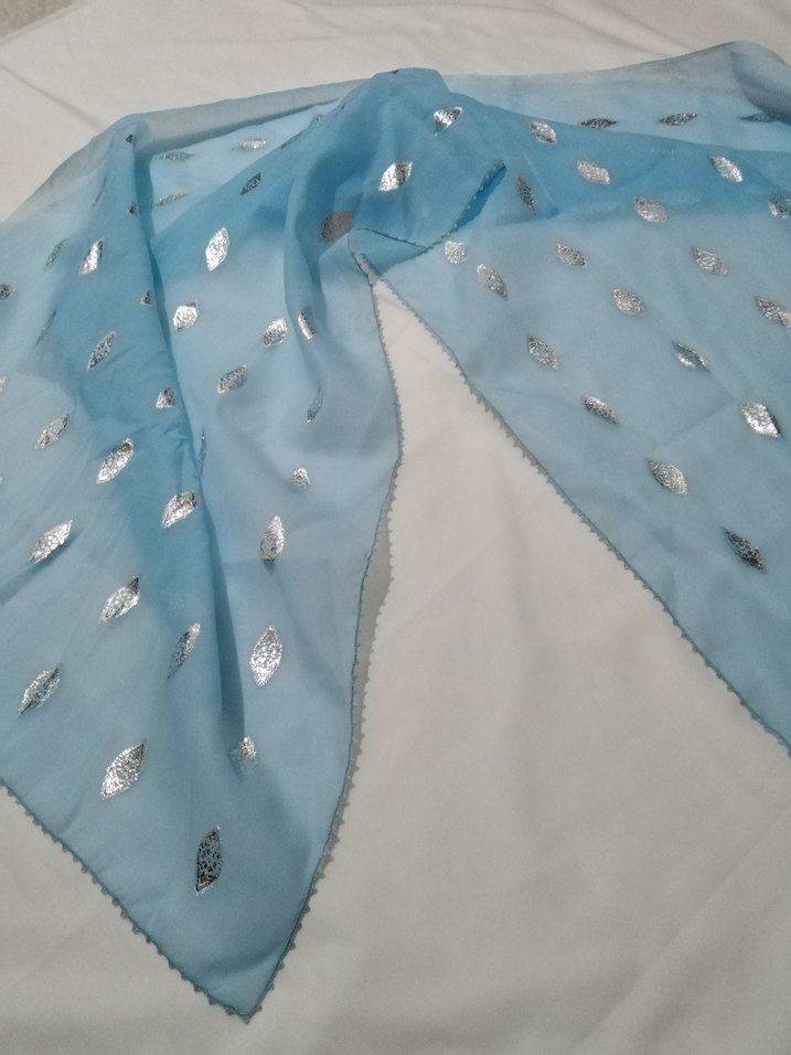 Mavi İpek Görünümlü iğne oyalı Kadın Şal - Görsel 2