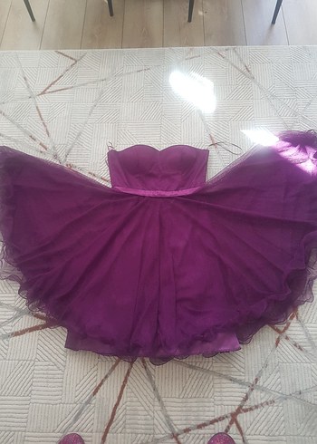 Mor Straplez Midi Abiye Elbise - Görsel 5