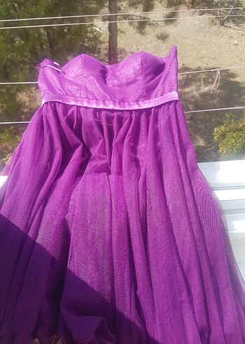 Mor Straplez Midi Abiye Elbise - Görsel 8