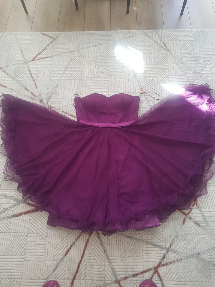 Mor Straplez Midi Abiye Elbise - Görsel 5