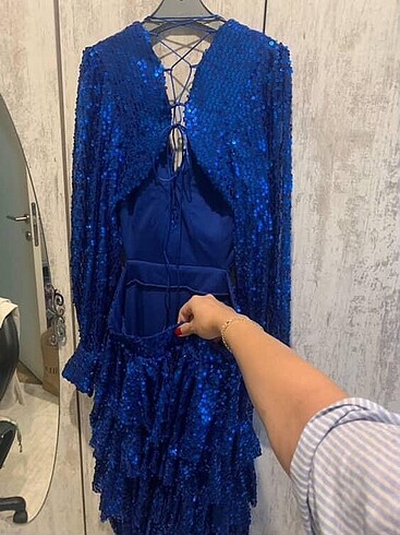 m Beden Saks mavi parıltılı elbise