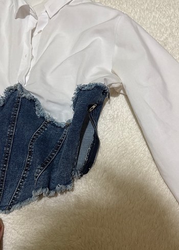 Beyaz Kot Detaylı Düğmeli Kadın Gömlek - Görsel 2