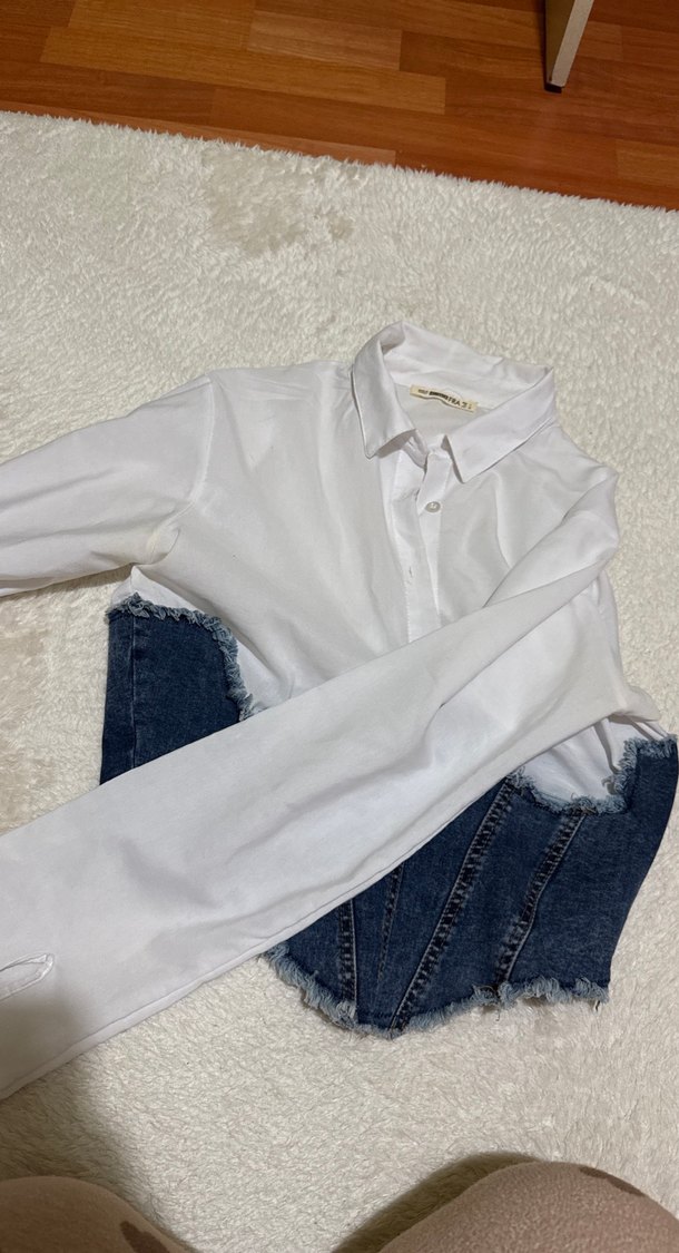 Beyaz Kot Detaylı Düğmeli Kadın Gömlek - Görsel 3