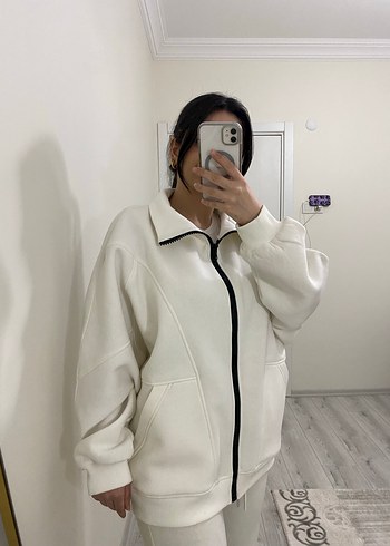 Yüksek Yakalı Beyaz Fermuarlı Kadın Ceket - Görsel 8