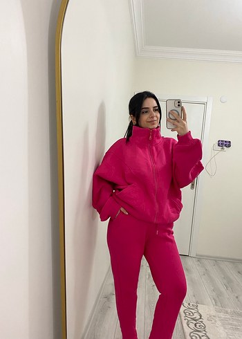 Kadın Pembe Fermuarlı Yüksek Yaka Eşofman Takımı - Görsel 3