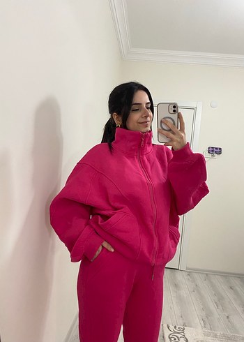 Kadın Pembe Fermuarlı Yüksek Yaka Eşofman Takımı - Görsel 4