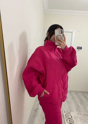 Kadın Pembe Fermuarlı Yüksek Yaka Eşofman Takımı - Görsel 5