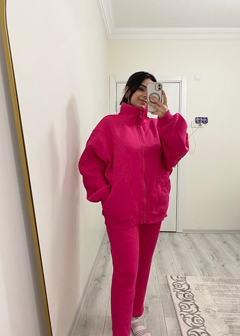 Kadın Pembe Fermuarlı Yüksek Yaka Eşofman Takımı - Görsel 7