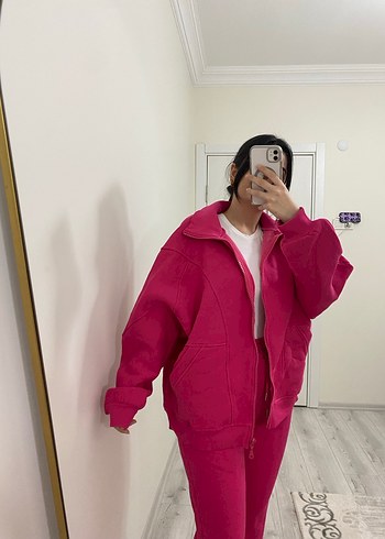 Kadın Pembe Fermuarlı Yüksek Yaka Eşofman Takımı - Görsel 14