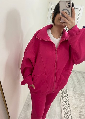 Kadın Pembe Fermuarlı Yüksek Yaka Eşofman Takımı - Görsel 8