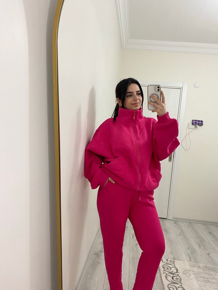 Kadın Pembe Fermuarlı Yüksek Yaka Eşofman Takımı - Görsel 3