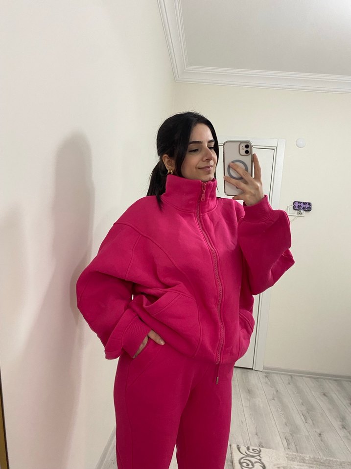 Kadın Pembe Fermuarlı Yüksek Yaka Eşofman Takımı - Görsel 4