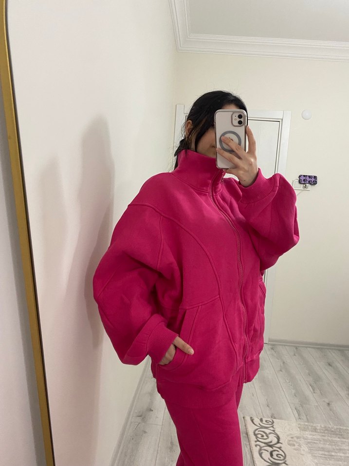 Kadın Pembe Fermuarlı Yüksek Yaka Eşofman Takımı - Görsel 5