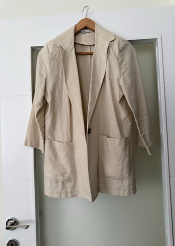 Bej Keten Düğmeli Kadın Blazer Ceket - Görsel 6