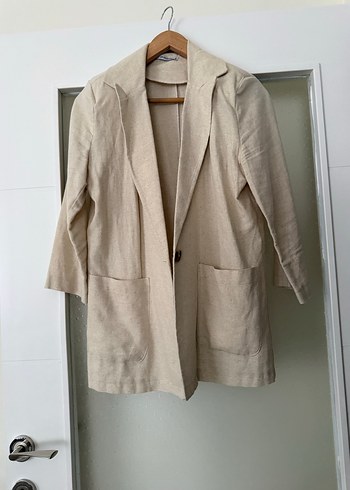 Bej Keten Düğmeli Kadın Blazer Ceket - Görsel 7