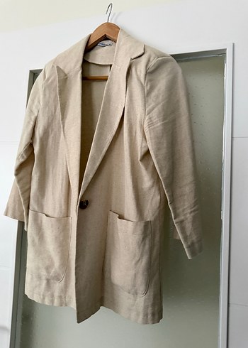 Bej Keten Düğmeli Kadın Blazer Ceket - Görsel 4