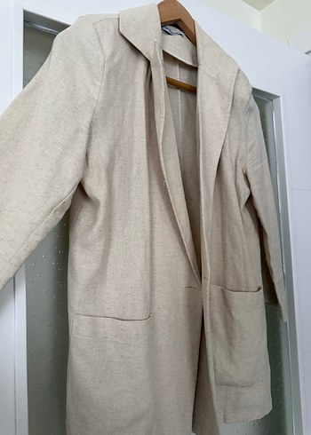 Bej Keten Düğmeli Kadın Blazer Ceket - Görsel 2