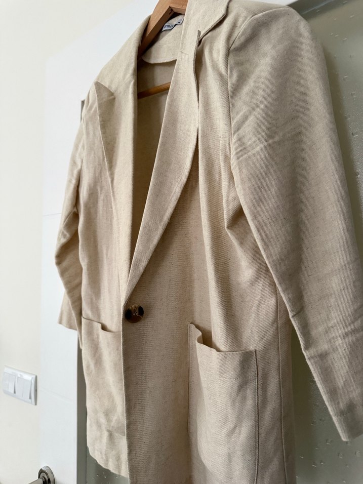 Bej Keten Düğmeli Kadın Blazer Ceket - Görsel 3