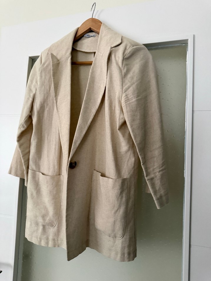 Bej Keten Düğmeli Kadın Blazer Ceket - Görsel 4