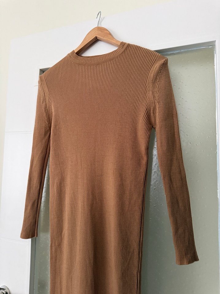 Uzun Kollu camel Dar Kesim Elbise - Görsel 3