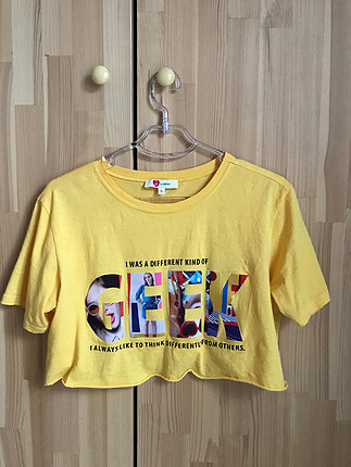 s Beden sarı GEEK baskılı t-shirt croptop