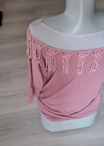 xxl Beden Dantel Detaylı Bohem Pembe Triko Bluz