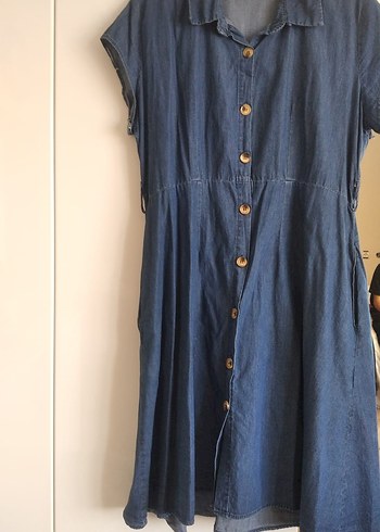 Düğmeli Lacivert Denim Midi Elbise