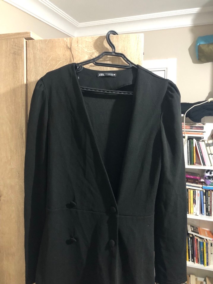 Düğmeli Siyah Midi Kadın Blazer elbise - Görsel 3