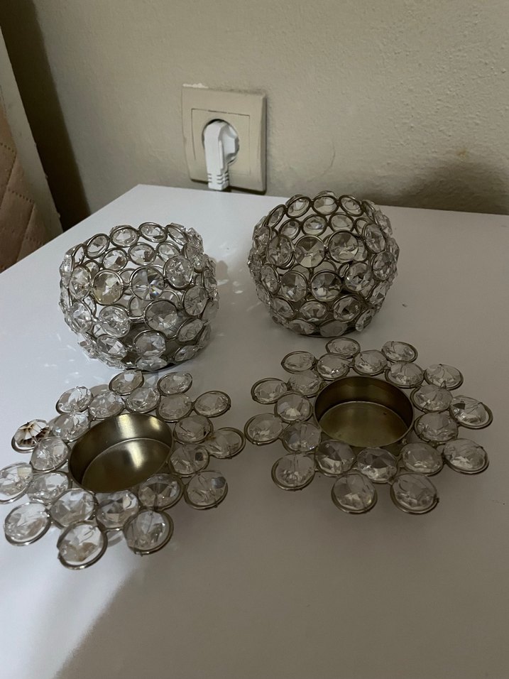 Kristal Detaylı Gri Mumluk Seti - Görsel 2