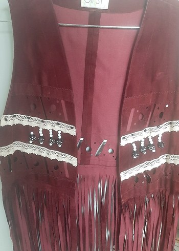 Bordo Süet Püsküllü Kadın Uzun Yelek - Görsel 2