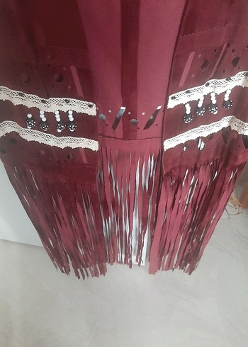 Bordo Süet Püsküllü Kadın Uzun Yelek - Görsel 5