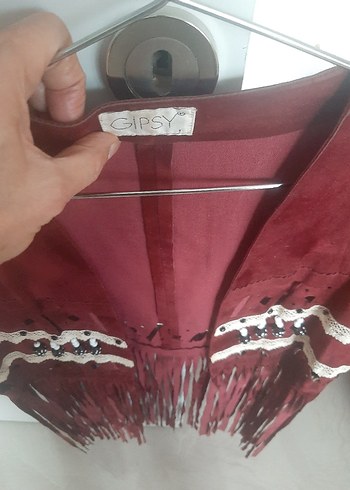 Bordo Süet Püsküllü Kadın Uzun Yelek - Görsel 6