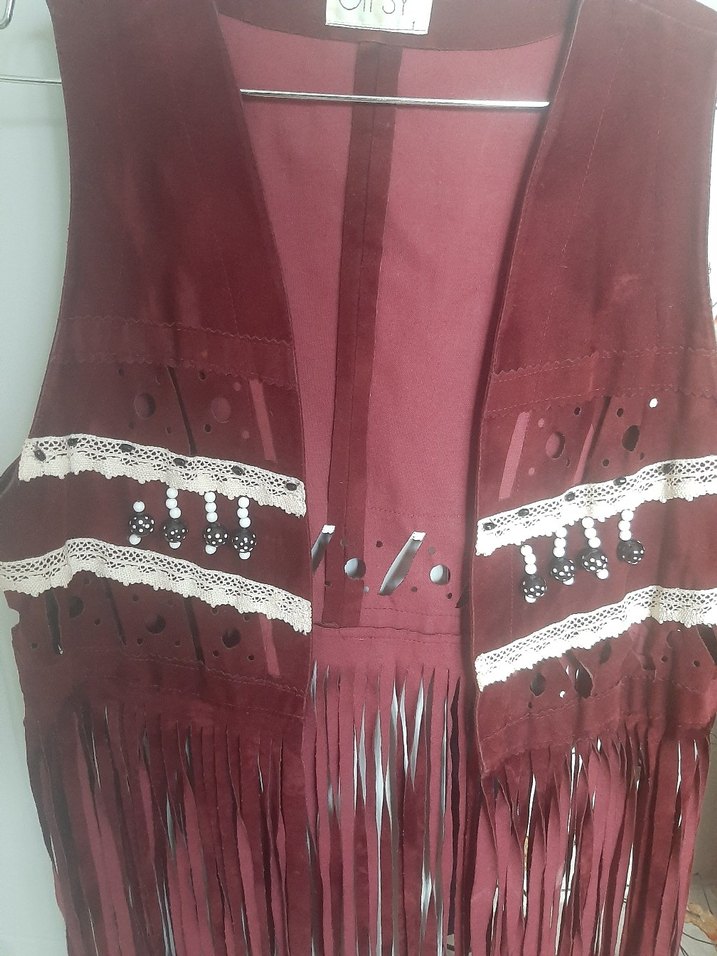 Bordo Süet Püsküllü Kadın Uzun Yelek - Görsel 2