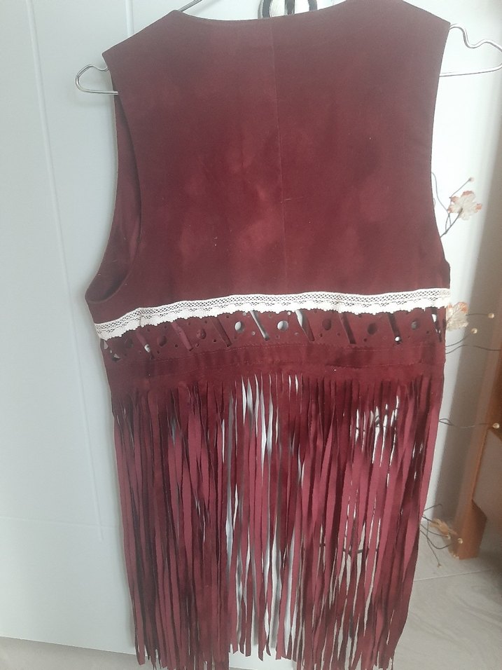 Bordo Süet Püsküllü Kadın Uzun Yelek - Görsel 3