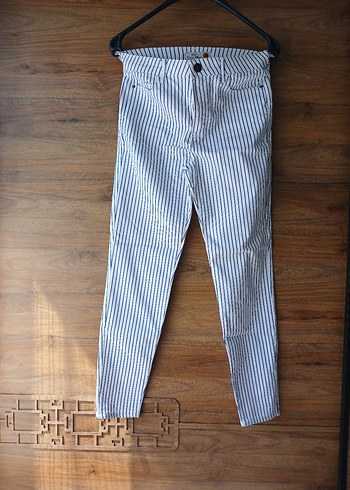 Düğmeli Mavi Çizgili Denim kadin Pantolon