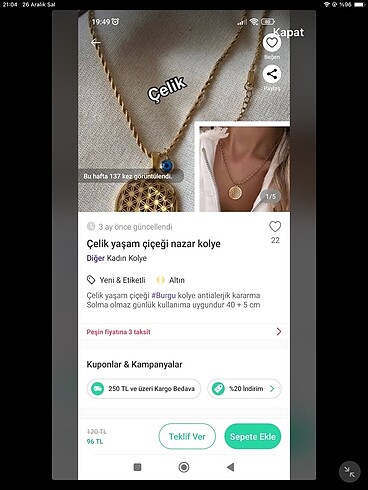 Çelik kolye