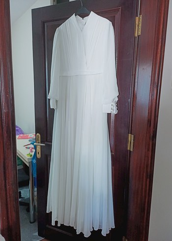 Uzun Kollu V Yaka Beyaz A-Line Gelinlik nikah elbisesi