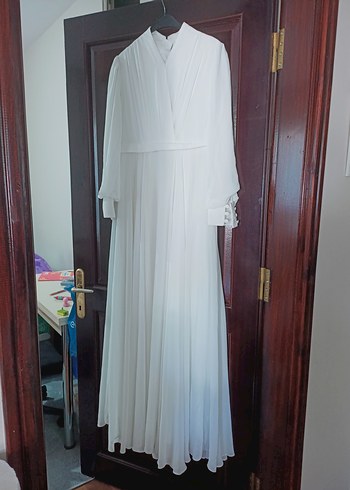 Henna Gelinlik Uzun Kollu V Yaka Beyaz A-Line Gelinlik nikah elbisesi