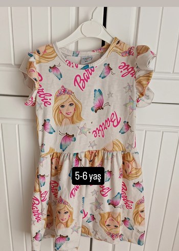 Pembe Barbie Baskılı Kız Elbise