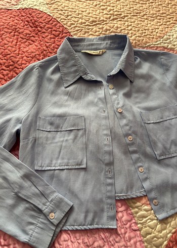 Düğmeli Gri Kadın Denim Gömlek - Görsel 2