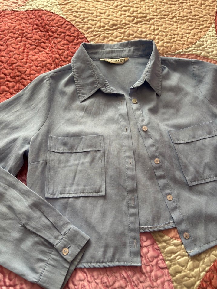 Düğmeli Gri Kadın Denim Gömlek - Görsel 2